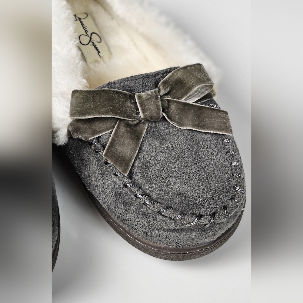 Jessica Simpson Grey Velvet Bow Faux Fur Moccasin Slippers Girls